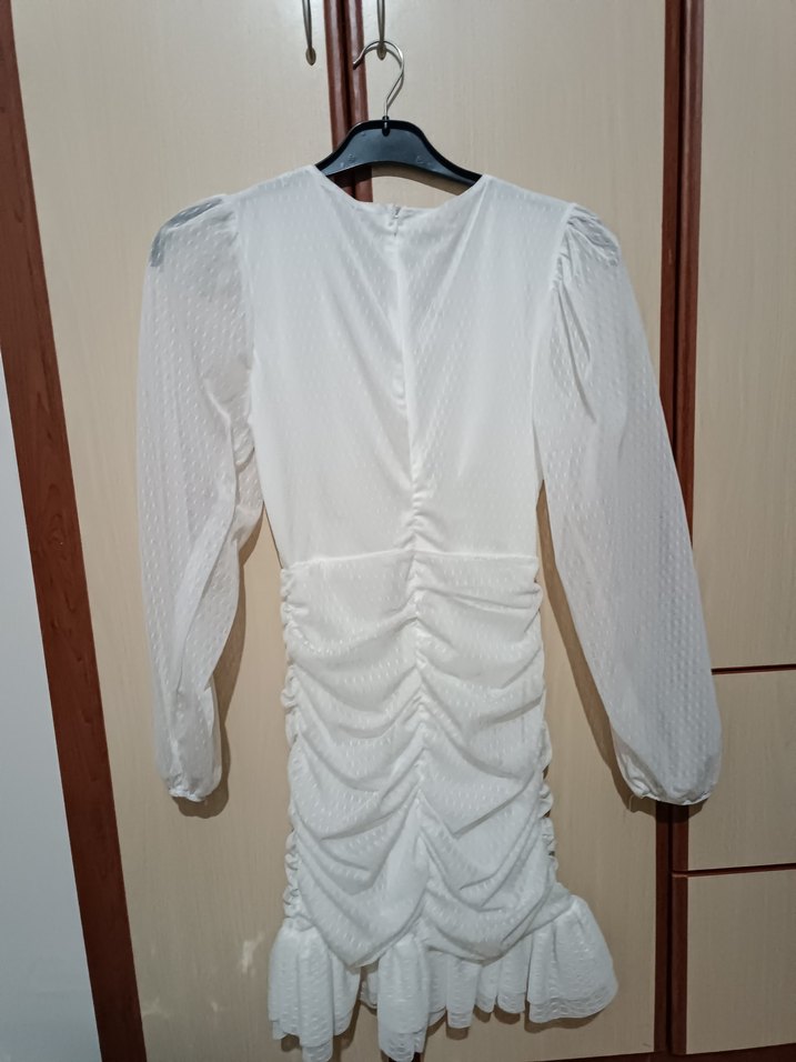 Beyaz V Yaka Drapeli Mini Abiye Elbise - Görsel 3