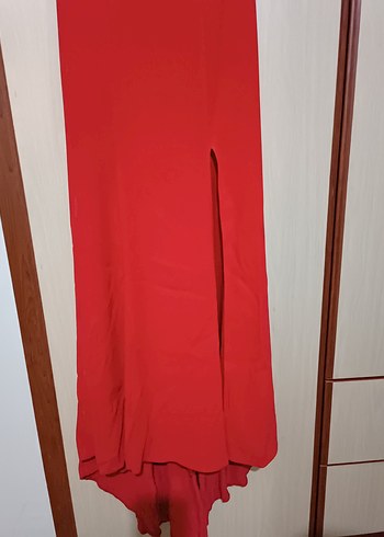 Kırmızı Drapeli Straplez Uzun Abiye Elbise - Görsel 5