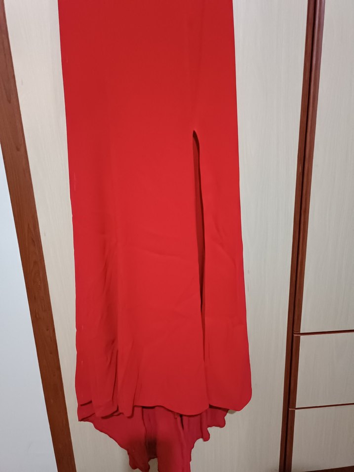 Kırmızı Drapeli Straplez Uzun Abiye Elbise - Görsel 5