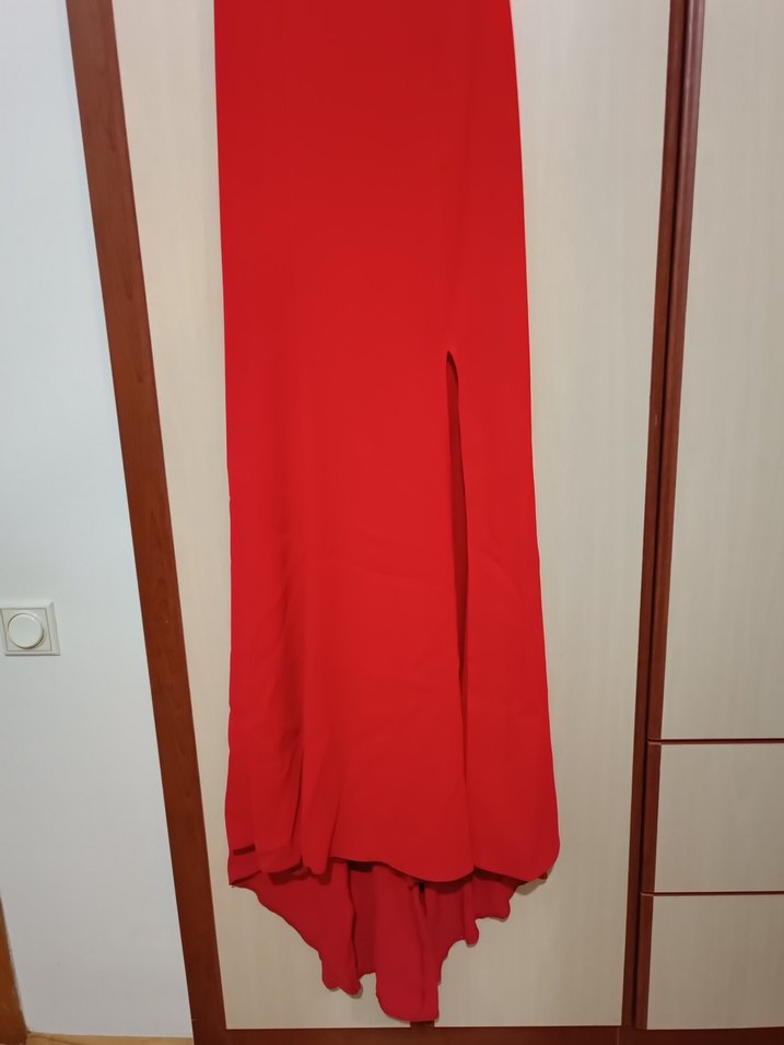 Kırmızı Drapeli Straplez Uzun Abiye Elbise - Görsel 4