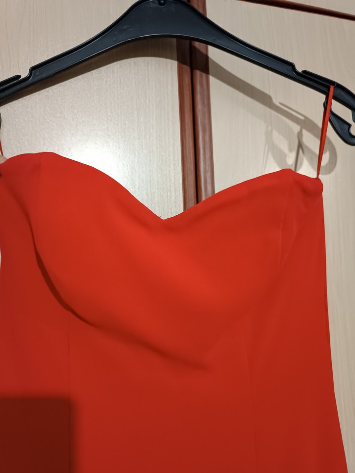 Kırmızı Drapeli Straplez Uzun Abiye Elbise - Görsel 2