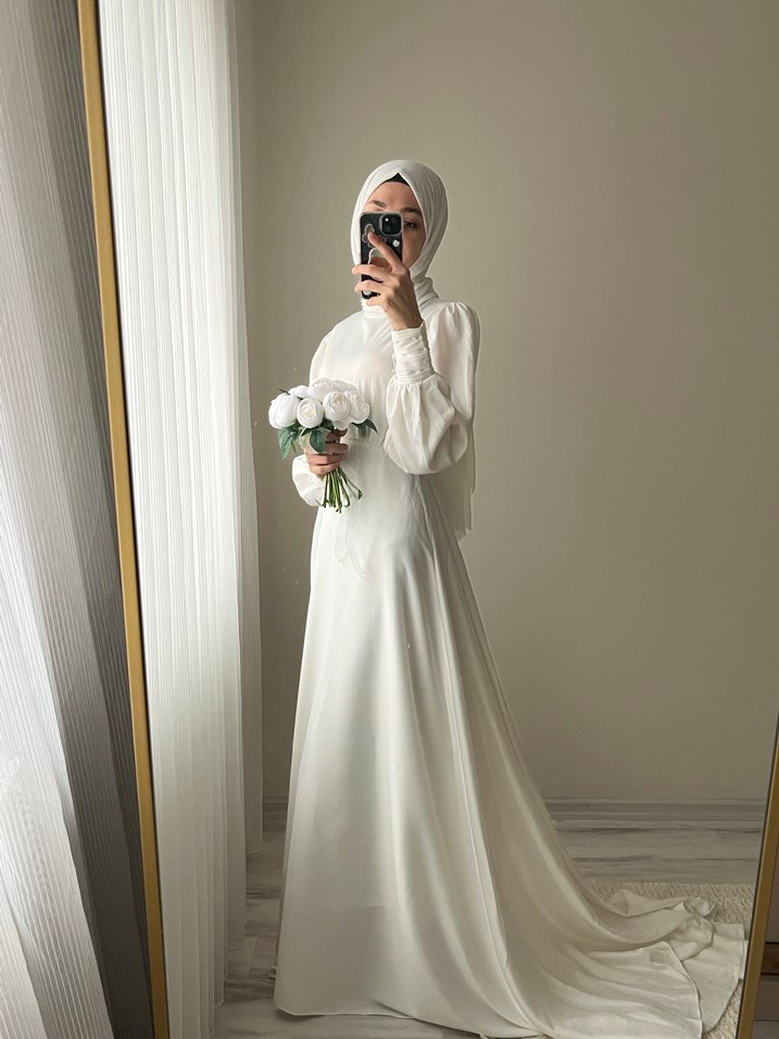 Tesettür beyaz elbise - Görsel 4