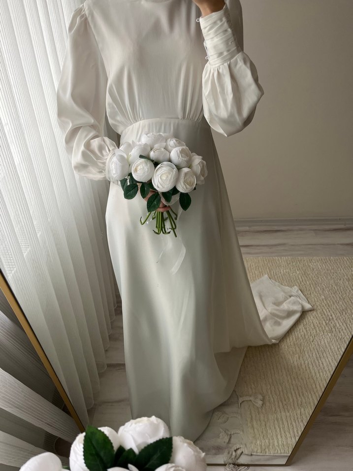 Tesettür beyaz elbise - Görsel 3