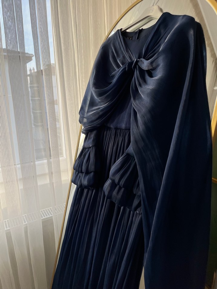 Kadın Lacivert Uzun Drapeli Elbise - Görsel 2