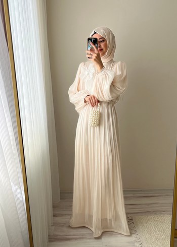 Uzun Kollu Krem Bohem Uzun Elbise - Görsel 4