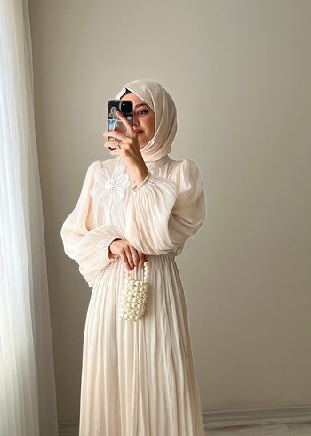 Uzun Kollu Krem Bohem Uzun Elbise - Görsel 3