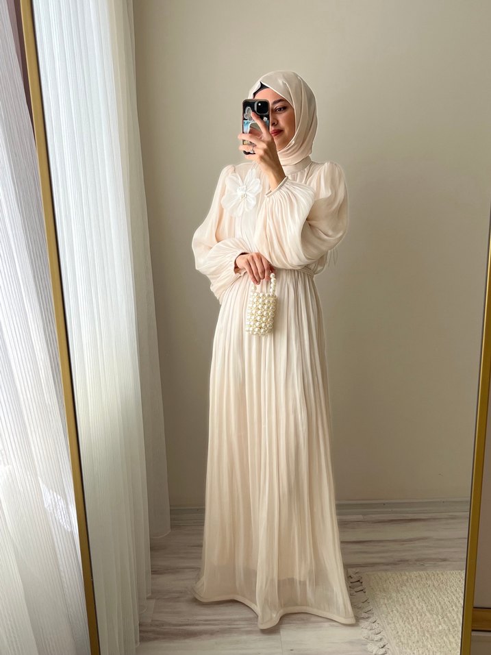 Uzun Kollu Krem Bohem Uzun Elbise - Görsel 4