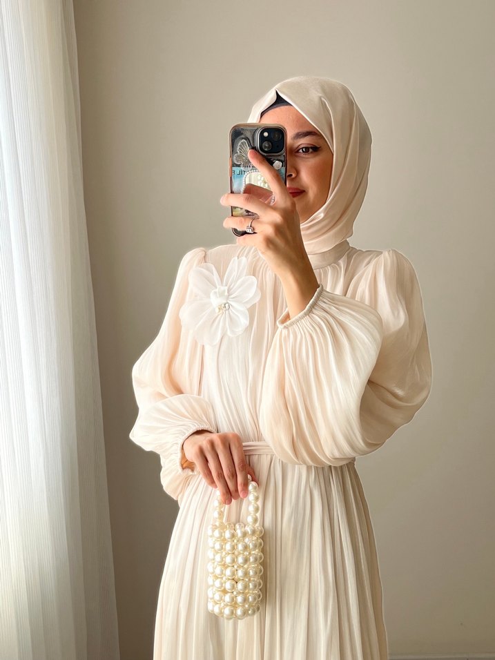 Uzun Kollu Krem Bohem Uzun Elbise - Görsel 5