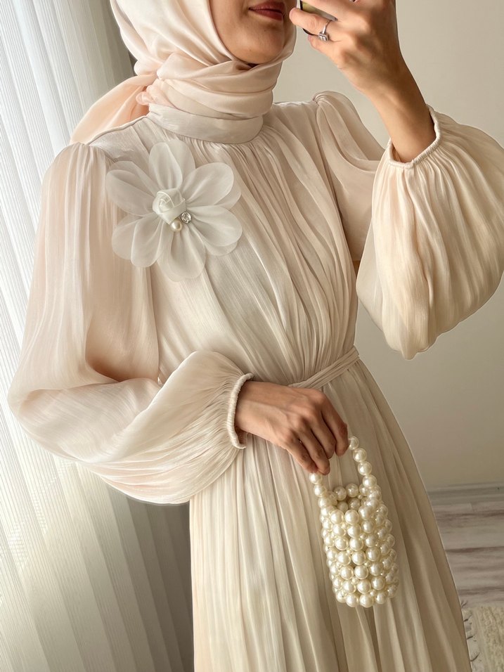 Uzun Kollu Krem Bohem Uzun Elbise - Görsel 2