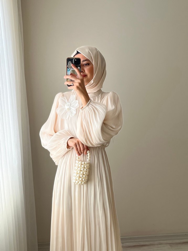 Uzun Kollu Krem Bohem Uzun Elbise - Görsel 3