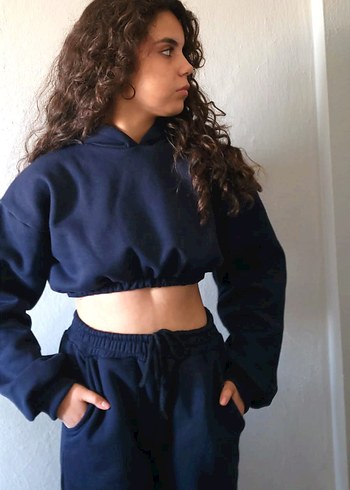 Kadın Lacivert Crop Sweatshirt ve Eşofman Altı
