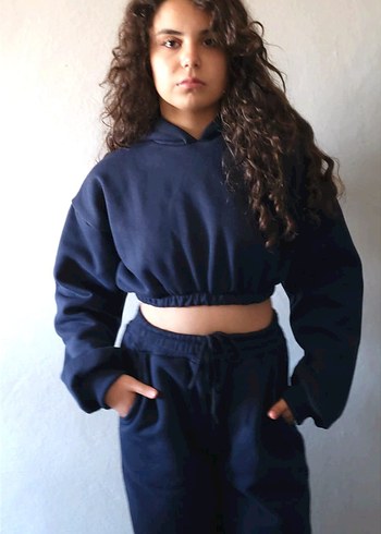 Hobby Life Kadın Lacivert Crop Sweatshirt ve Eşofman Altı