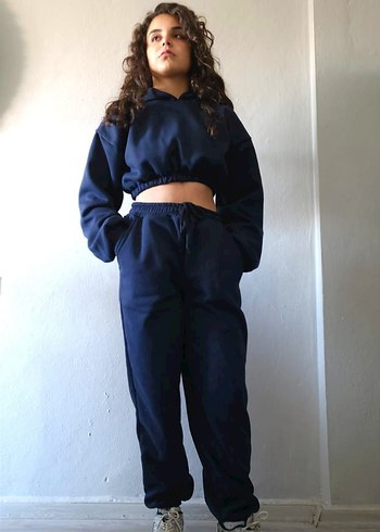 s Beden Kadın Lacivert Crop Sweatshirt ve Eşofman Altı