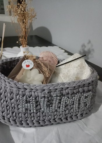Gri Örgü Saklama Sepeti