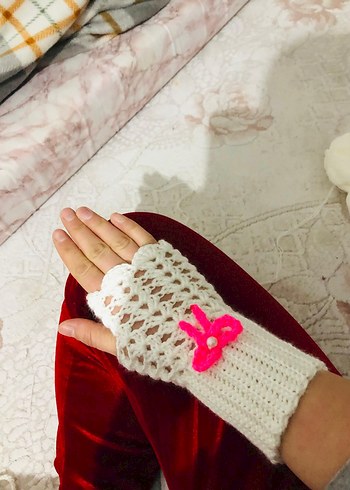 Dantel Detaylı Beyaz Örgü Kadın Eldiveni - Görsel 2