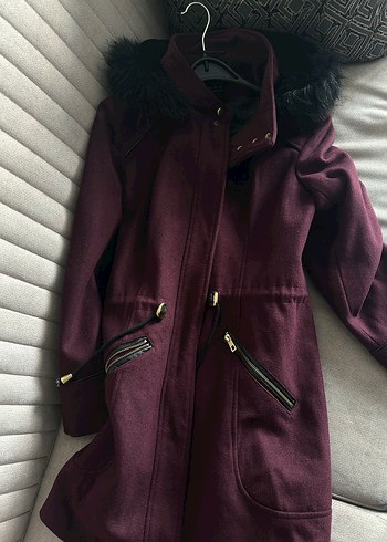 Bordo Kadın Süet Peluş Detaylı Kaban - Görsel 12