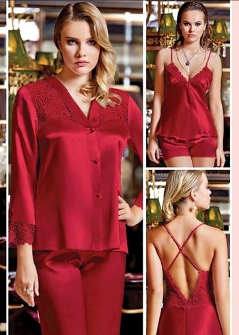 KIRMIZI 6'lı İpek Saten Gecelik-Sabahlık Çeyiz Takım - Görsel 2