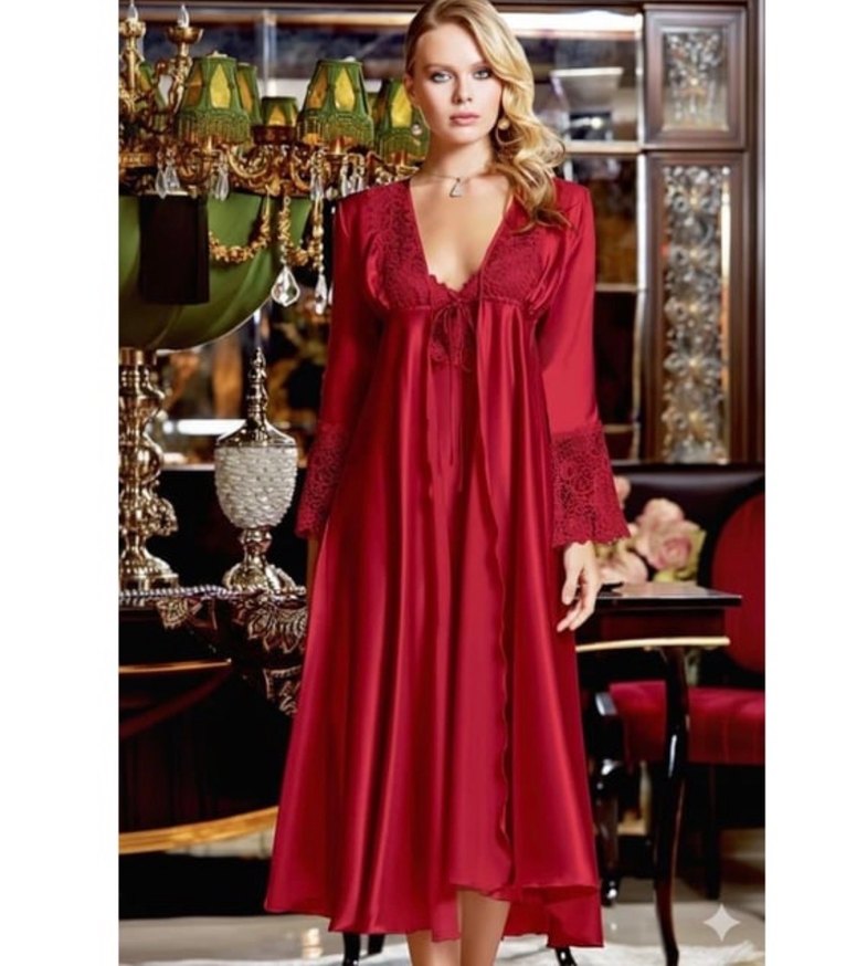 KIRMIZI 6'lı İpek Saten Gecelik-Sabahlık Çeyiz Takım - Görsel 3