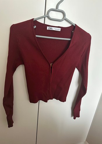 Zara S BEDEN Bordo Düğmeli V Yaka Kadın Hırka - Görsel 3