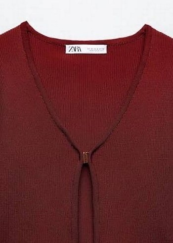 Zara S BEDEN Bordo Düğmeli V Yaka Kadın Hırka - Görsel 2