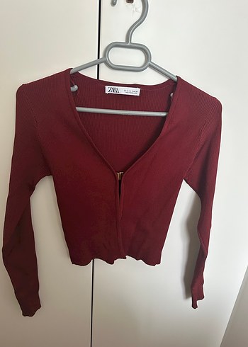 Zara S BEDEN Bordo Düğmeli V Yaka Kadın Hırka - Görsel 4