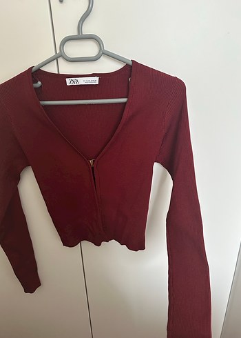 Zara S BEDEN Bordo Düğmeli V Yaka Kadın Hırka - Görsel 5