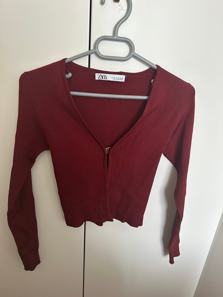 Zara S BEDEN Bordo Düğmeli V Yaka Kadın Hırka - Görsel 4