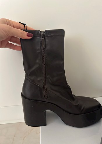 ZARA Kahverengi Deri Platform Topuklu Kadın Bot - Görsel 6