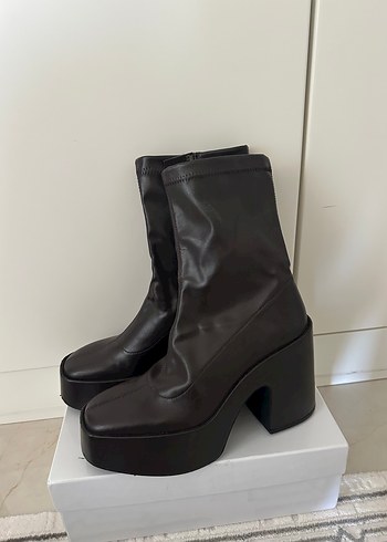 ZARA Kahverengi Deri Platform Topuklu Kadın Bot - Görsel 3