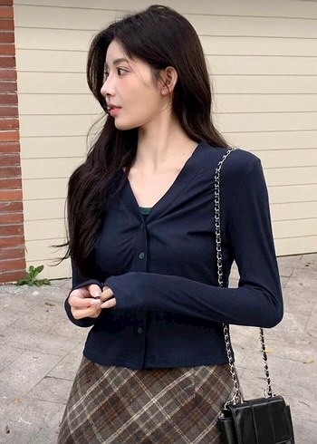 Lacivert Yeşil Düğmeli Kadın Hırka Set - Görsel 4