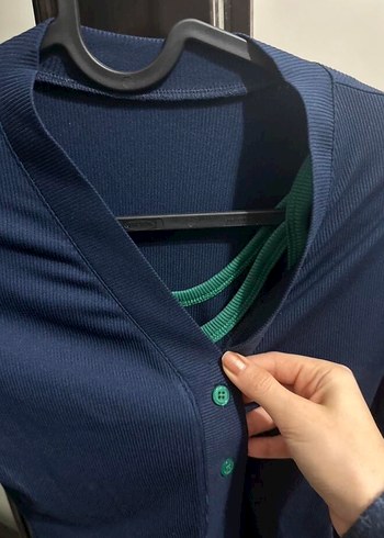 Lacivert Yeşil Düğmeli Kadın Hırka Set - Görsel 6