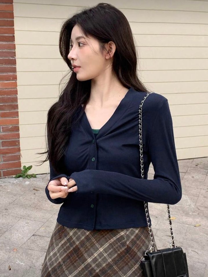 Lacivert Yeşil Düğmeli Kadın Hırka Set - Görsel 4