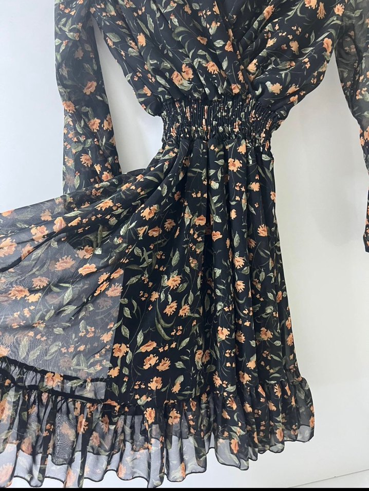 Siyah Çiçekli Uzun Bohem Elbise - Görsel 2