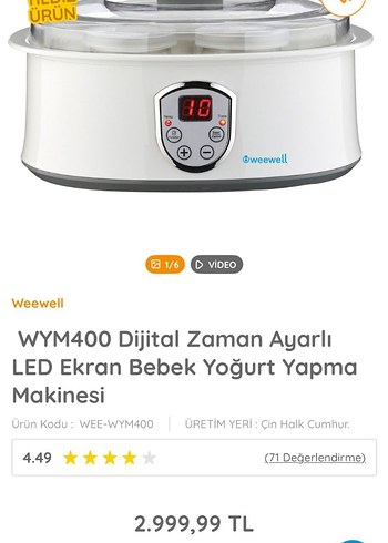 Weewell WYM400 Dijital Zaman Ayarlı Yoğurt Yapma Makinesi