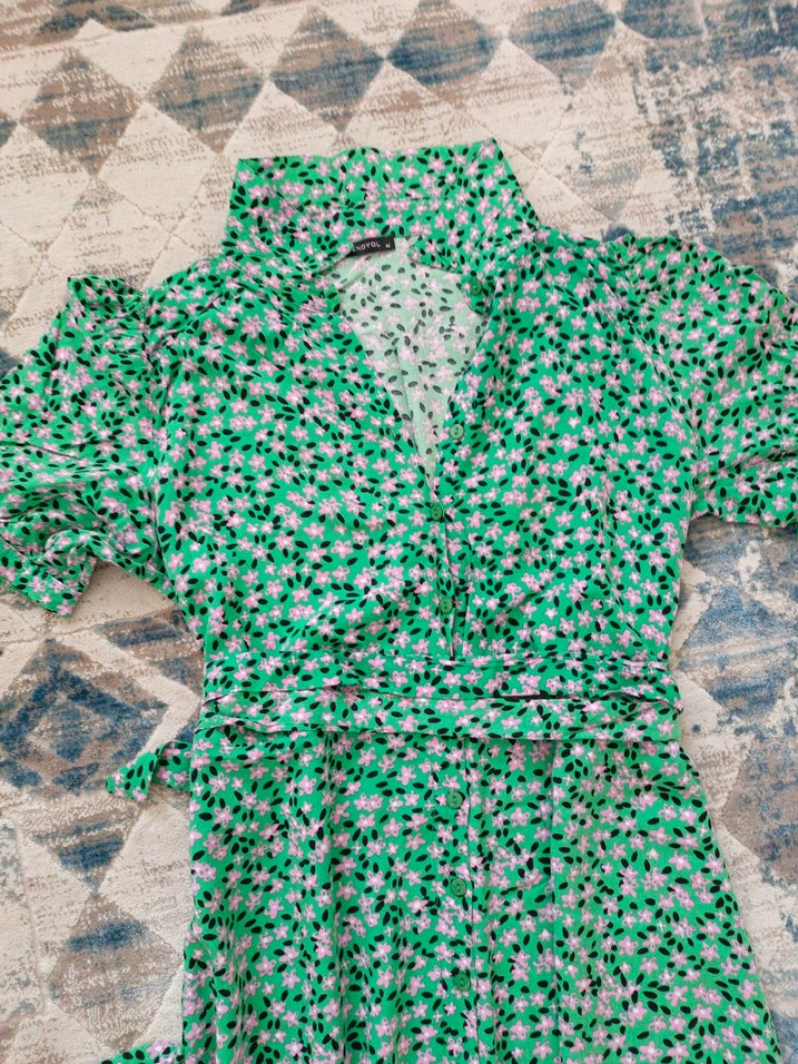 Yeşil V Yaka Bohem Uzun Elbise - Görsel 3