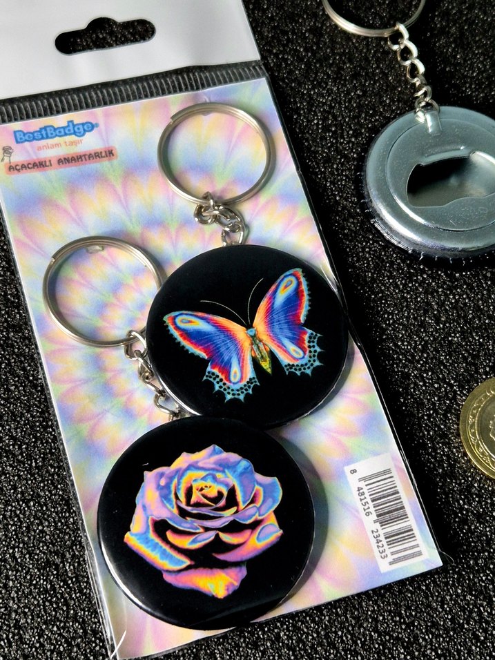 Renkli Kelebek ve Gül Desenli Anahtarlık Seti 2'li - Görsel 3