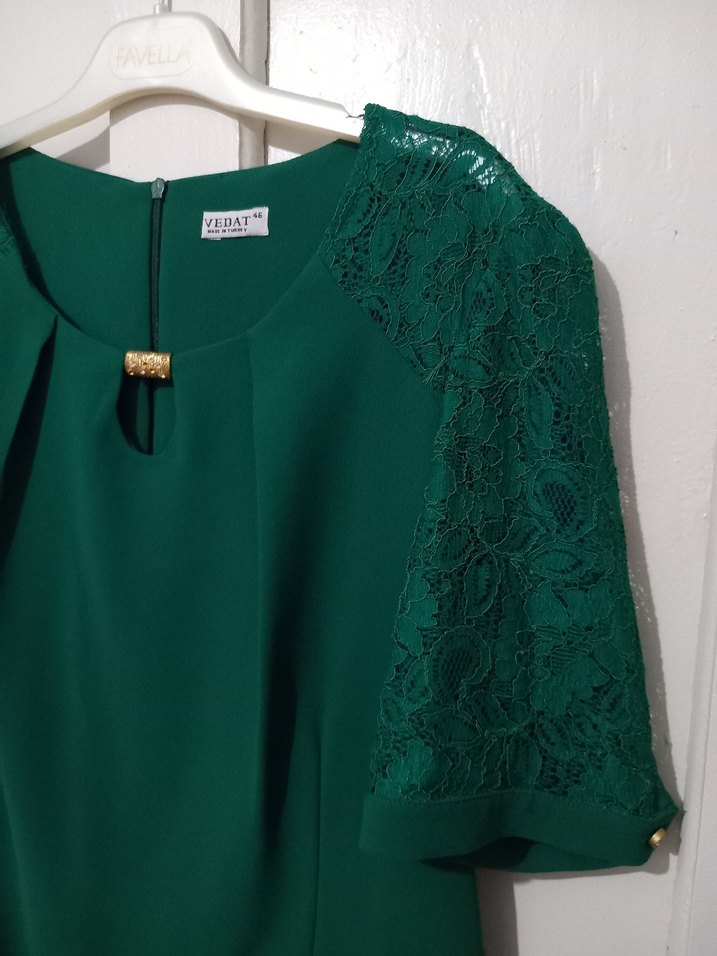 Dantel Detaylı Yeşil Midi Abiye Elbise - Görsel 3