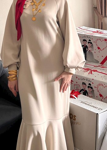 Beyaz Uzun Kollu Drapeli Kadın Elbise - Görsel 2