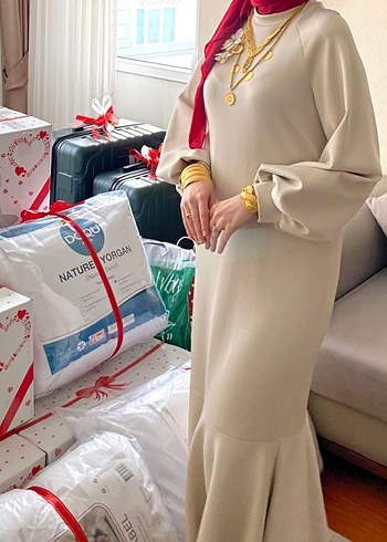 Beyaz Uzun Kollu Drapeli Kadın Elbise - Görsel 3