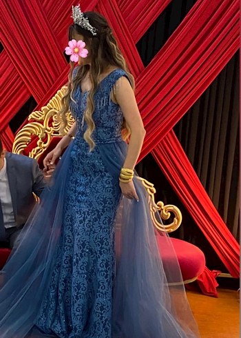 Mavi Drapeli V Yaka Bohem Uzun Nişan Elbisesi - Görsel 3