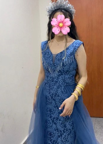 Mavi Drapeli V Yaka Bohem Uzun Nişan Elbisesi - Görsel 2