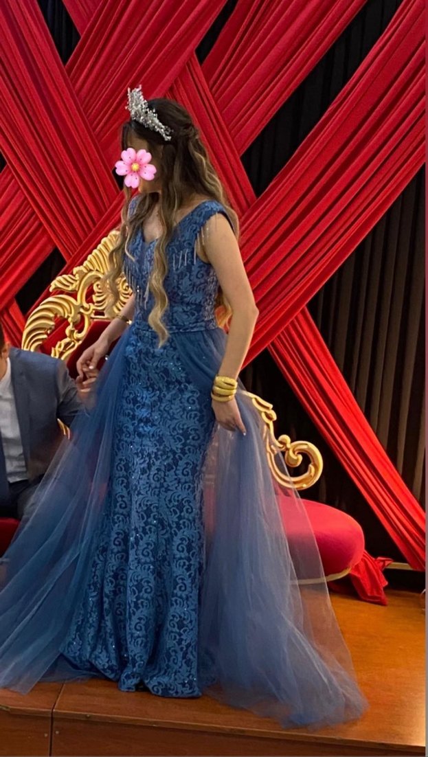 Mavi Drapeli V Yaka Bohem Uzun Nişan Elbisesi - Görsel 3