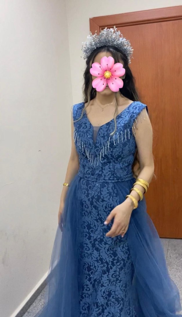 Mavi Drapeli V Yaka Bohem Uzun Nişan Elbisesi - Görsel 2