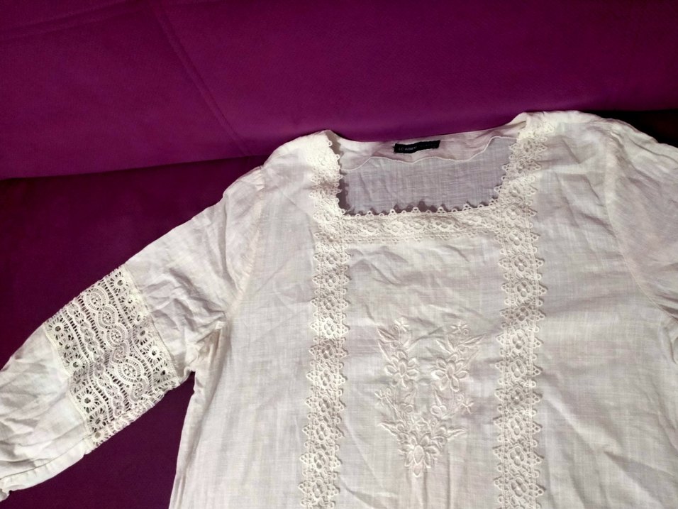 Dantel Detaylı Beyaz Keten Bluz - Görsel 2