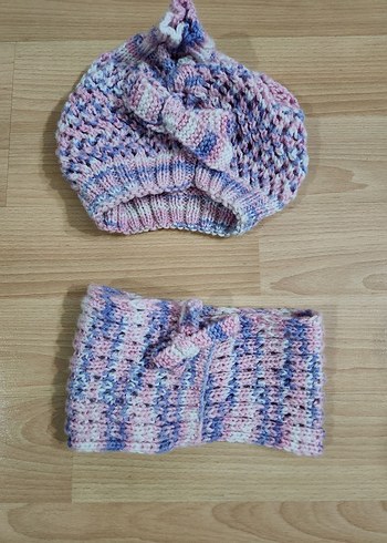 Çocuk Pembe Örgü Bere ve Boyunluk Seti - Görsel 3