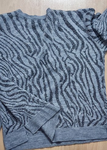 Gri Zebra Desenli Kadın Triko Kazak simli - Görsel 4