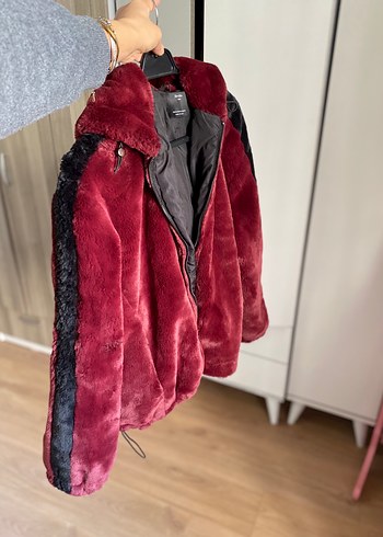 m Beden Bershka Bordo Kürk Detaylı Kadın Mont