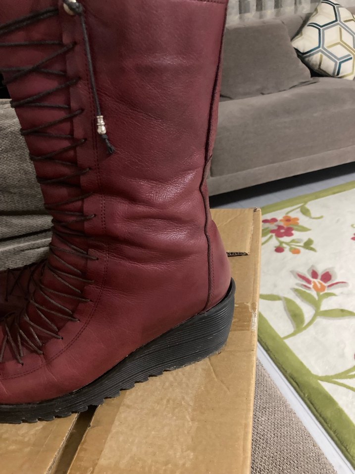Bordo Deri Dolgu Topuklu Kadın çizme - Görsel 5