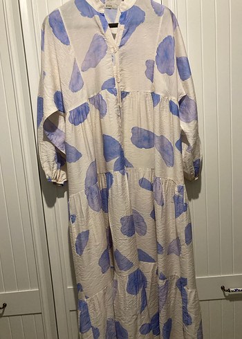 Kadın Mavi Batik Desenli Uzun Keten Elbise - Görsel 5