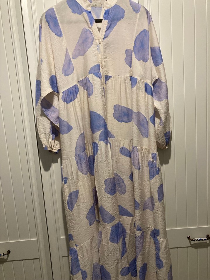 Kadın Mavi Batik Desenli Uzun Keten Elbise - Görsel 5